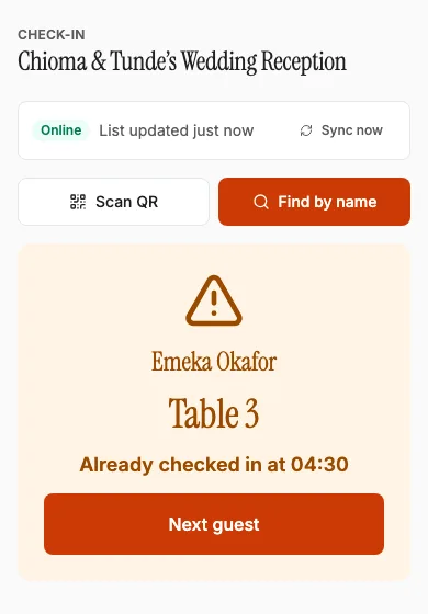 An usher’s phone warning that a guest has already checked in, with their table number