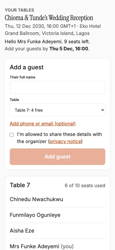 A table host’s phone showing their two tables and an add-a-guest form